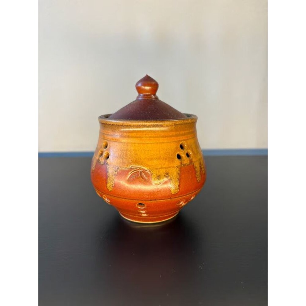 Studio Pottery Lidded Jar Orange Ochre Pierced Garlic Keeper Hand Thrown